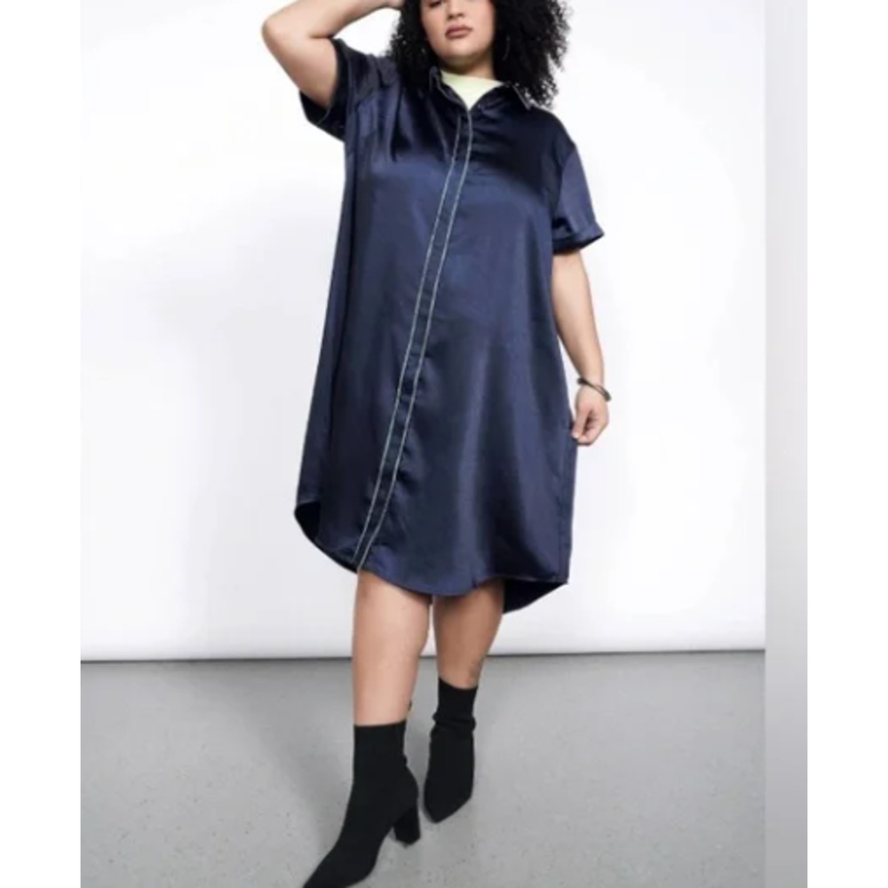 Wildfang The Empower Satin Shirt Dress Navy Blue Green Contrast Trim Medium Mod - Picture 11 of 11